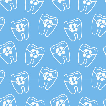 Seamless orthodontic pattern on blue background. Ideal for clinics, branding, patient materials, teen dental care, hygiene campaigns and modern medical or cosmetic dentistry design projects