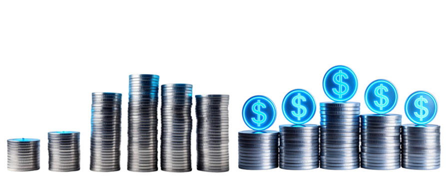 Silver Coin Stacks with Blue Neon Dollar Symbols, Front-Facing Finance Concept, Transparent Background png