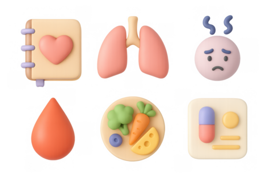 Cartoon wellness icons set with heart, lungs, emotions, and healthy foods for health and fitness design