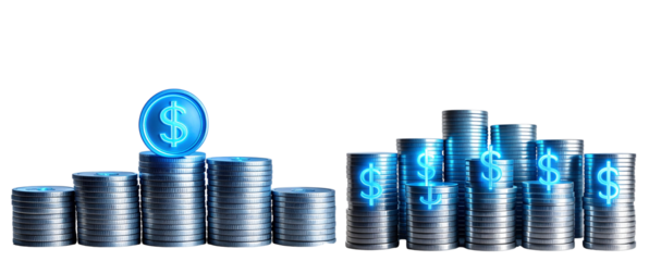 Silver Coin Stacks with Blue Neon Dollar Symbols, Front-Facing Finance Concept, Transparent Background