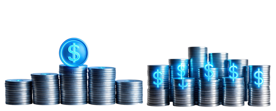 Silver Coin Stacks with Blue Neon Dollar Symbols, Front-Facing Finance Concept, Transparent Background - Powered by Adobe