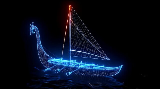 Wireframe Viking Ship Sailing on Water Digital Hologram