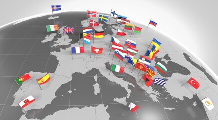 Europe - countries' borders and flags - 3D illustration