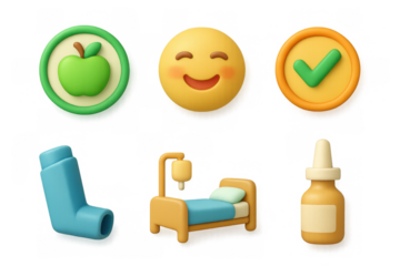 Health and wellness icon set with happy emoji, apple, bed, inhaler, check mark, and medicine