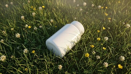 White plastic medicine or supplement bottle lying horizontally in lush green grass surrounded by white clover and yellow buttercup flowers under warm sunlight.