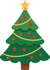 A vibrant cartoon illustration of three stylized evergreen Christmas trees with varying shades of green foliage and brown trunks, with white snow-like accents on their branches.