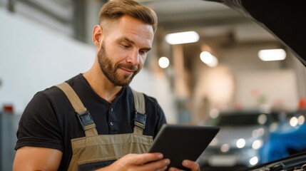 A focused Caucasian male mechanic in overalls inspects a tablet while working under the hood of a car in a well-lit garage.
