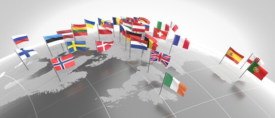 Europe - countries' borders and flags - 3D illustration