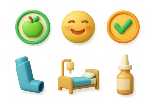 Health and wellness icon set with happy emoji, apple, bed, inhaler, check mark, and medicine