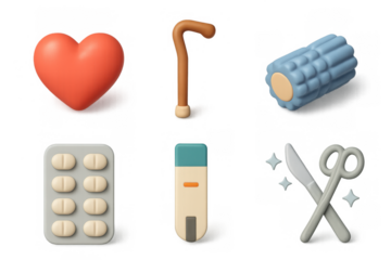 Collection of health icons featuring heart, cane, foam roller, pills, test strip, and scissors for wellness design