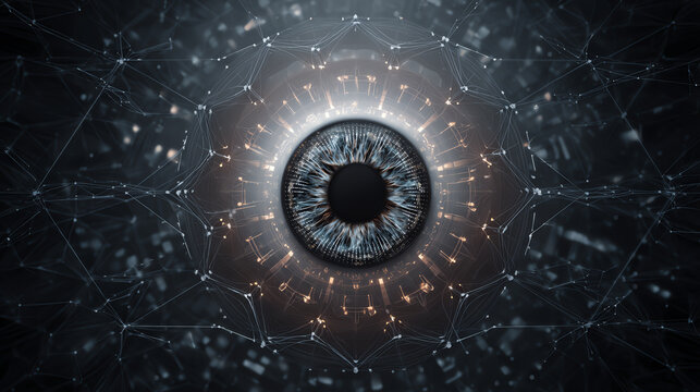 A close-up of a cybernetic eye, showcasing intricate details and connections in a digital environment.
