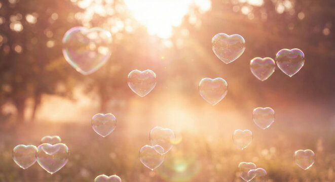 Heart-shaped soap bubbles floating in a sunlit outdoor setting, creating a romantic and dreamy atmosphere. - Powered by Adobe