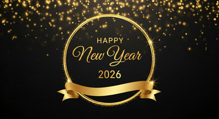 Elegant Happy New Year 2026 design golden text and ribbon festive celebration background