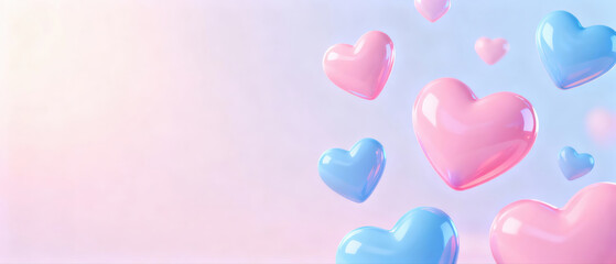 Pastel pink and blue hearts floating on a gradient background, perfect for romantic and sweet designs.