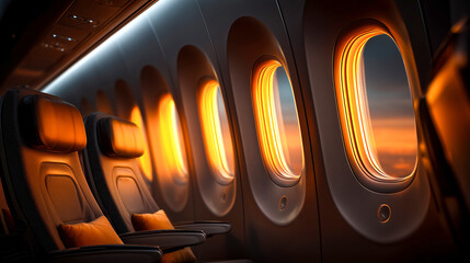 Golden sunset light airplane window aircraft cabin empty seat travel interior warm glow aisle row aviation modern design soft lighting. Golden sunset light warms airplane window and aircraft cabin