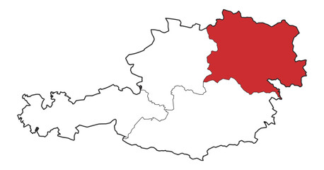 Obraz premium A detailed map of Austria highlighting lower Austria, showing clear borders, regional divisions, transport routes, and geographic markers for business, agriculture, and travel use.