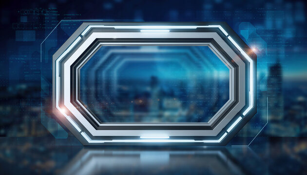 Futuristic Tech Portal: A gleaming, geometric portal shimmers, offering a glimpse into a digital cityscape, representing technological advancement and the gateway to innovation.