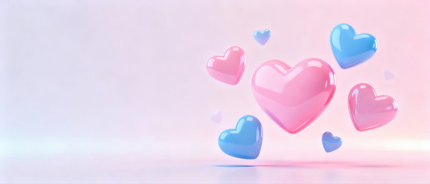 Pink and blue heart balloons floating on a pastel background, symbolizing love and romance. - Powered by Adobe