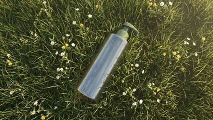 Clear pump dispenser bottle with green cap lying on natural green grass among white and yellow wildflowers in bright sunlight.