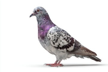 Fototapeta premium A majestic urban pigeon with striking grey, white, and purple iridescent plumage stands against a pure white studio backdrop.