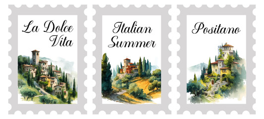 Fototapeta premium Italian stamp-style poster set showcasing Positano village scenes. Watercolor vineyard landscapes with Mediterranean countryside, charming houses, and summer fields of Tuscany.