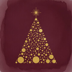 Abstract Christmas tree formed by golden snowflakes and stars on a rich red background with subtle texture. Ideal for elegant holiday designs, invitations, and festive promotions.