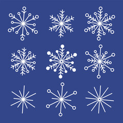 Set of hand drawn snowflakes. Doodle vector illustration. Isolated on a blue background.