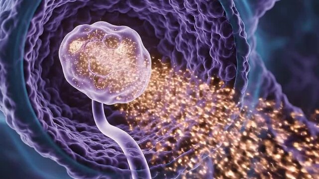Microscopic View of Glomerulus Filtration Process within Kidney Tubule Illustrating Blood Flow and Cellular Activity in Vibrant Blue and Purple Tones with