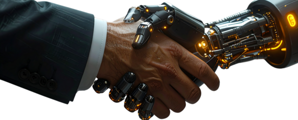 3D Render of Cybernetic Robot Shaking Hands with Business Leader, Dynamic Perspective Collaboration Scene,Background