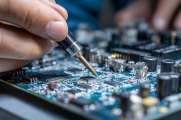 A hand uses a specialized tool to work on a blue electronic circuit board. Various microchips and components are clearly visible during technical repair or assembly.