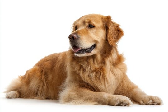 A beautiful golden retriever dog with soft golden fur rests calmly on a pure white background, looking gently to the left side.