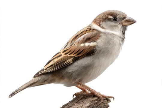 A small brown and white sparrow bird is perched on a natural wooden branch looking to the side against a clean white background.