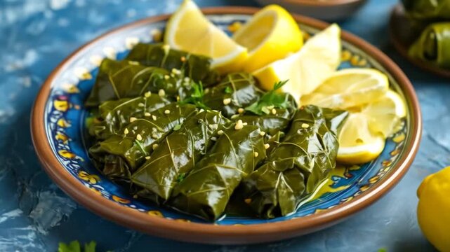 A plate of delicious stuffed grape leaves, adorned with lemon wedges, on a blue patterned plate