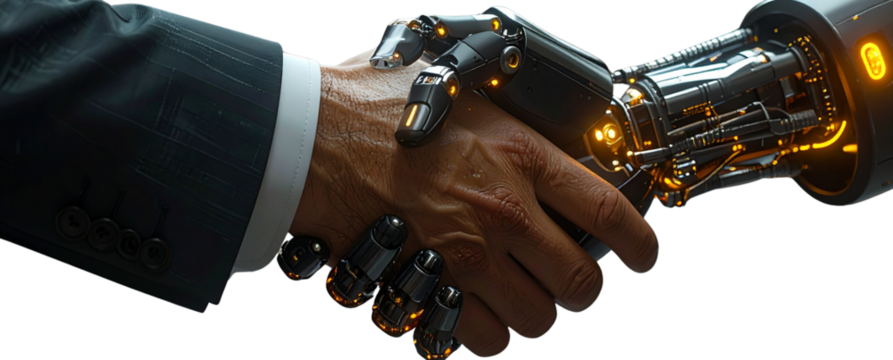 3D Render of Cybernetic Robot Shaking Hands with Business Leader, Dynamic Perspective Collaboration Scene,Background