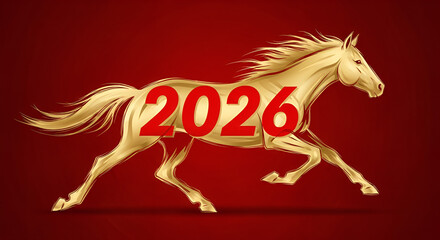 2026 year of the horse greeting design with golden brush strokes on red background for chinese lunar new year
