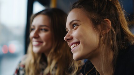 Fototapeta premium Two young women enjoying a bus ride, laughing and sharing a joyful moment together.
