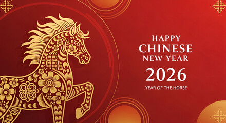 Happy Chinese new year banner with horse on red background. Vector illustration for banner, posters, flyers, greeting cards and invitation.