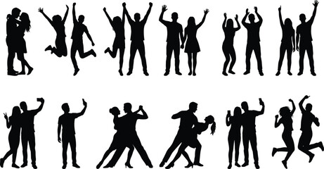Black Silhouettes of Couples Celebrating, Dancing, Embracing, and Taking Selfies – Joy, Love, Togetherness, Relationship, Lifestyle Concept