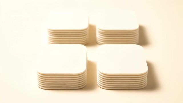 Clean white objects are arranged in various minimalist compositions. Simple geometric shapes create a serene and organized visual display.