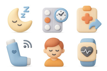Simple medical icon set featuring asthma inhaler, heartbeat watch, and calm person design