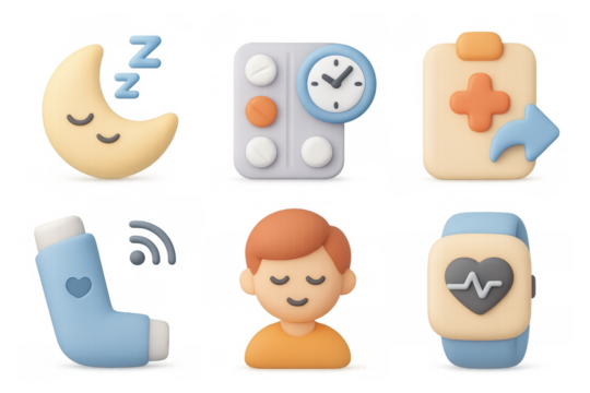 Simple medical icon set featuring asthma inhaler, heartbeat watch, and calm person design