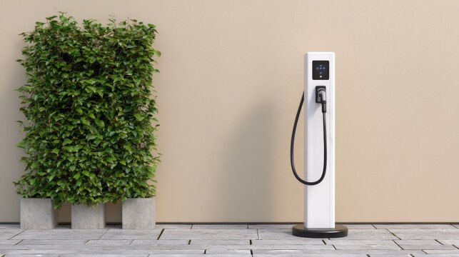 A sleek electric vehicle charging station beside a green hedge, showcasing modern eco-friendly technology. - Powered by Adobe