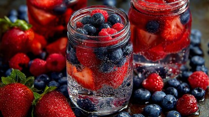 Refreshing summer infused water with strawberries, blueberries, and raspberries in mason jars, perfect for healthy hydration and vitality