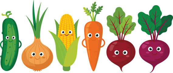 Cute Cartoon Vegetable Character Vector Set Featuring Happy Cucumber, Onion, Corn, Carrot, and Beetroot Root Vegetables Illustration.