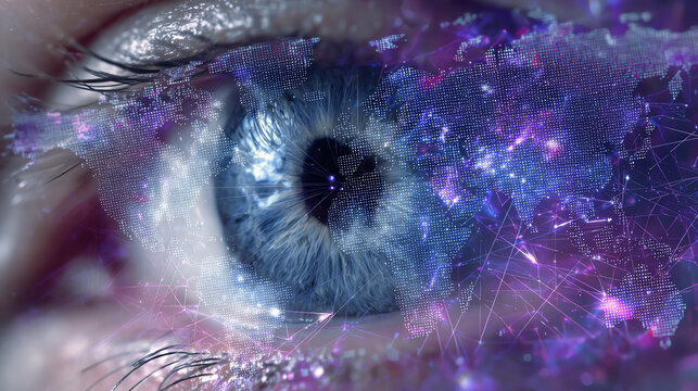 A close-up of a human eye detailed with cosmic colors, symbolizing wonder and the vast universe. - Powered by Adobe