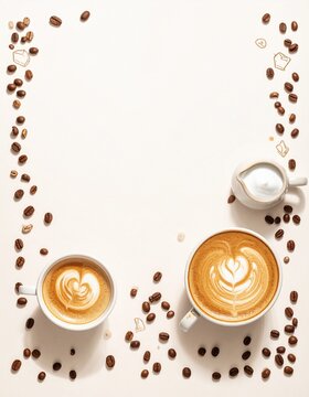 A cozy border made from scattered coffee beans, latte cups, milk froth swirls, and tiny caf&eacute; icons along the edges. Middle area is pure white for text. Warm tones, soft shadows, inviting aesthetic.