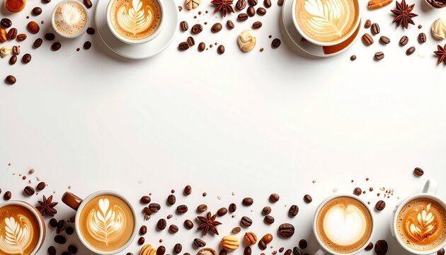 A cozy border made from scattered coffee beans, latte cups, milk froth swirls, and tiny café icons along the edges. Middle area is pure white for text. Warm tones, soft shadows, inviting aesthetic.