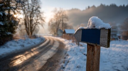 A serene winter landscape featuring a snow-covered signpost along a winding road amidst frosty trees.