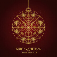 Elegant golden geometric Christmas bauble illustration on a deep red starry background, perfect for holiday greetings, New Year wishes, invitations, and festive promotions. Minimalist luxury design.