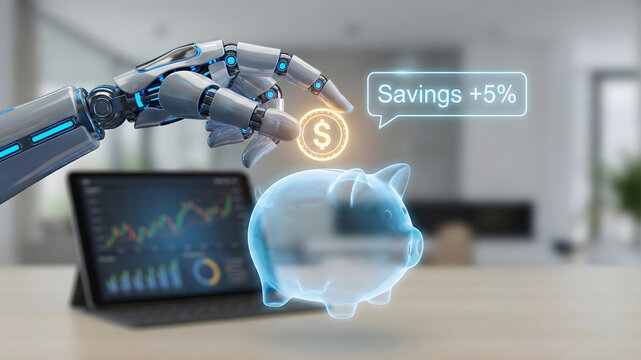 A robotic hand drops a glowing dollar coin into a holographic piggy bank with a "+5% Savings" notification, symbolizing automated finance, wealth, and digital saving.